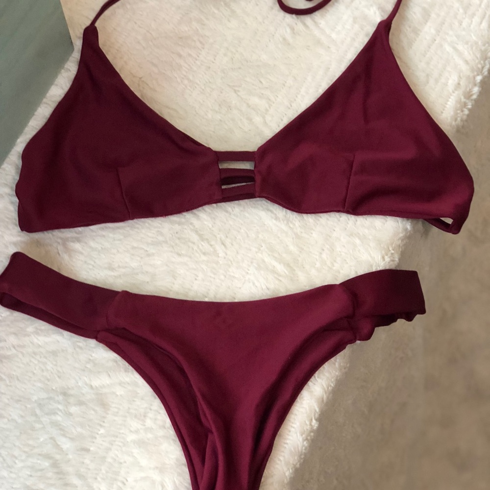 Burgundy Strappy Thong Bikini Set